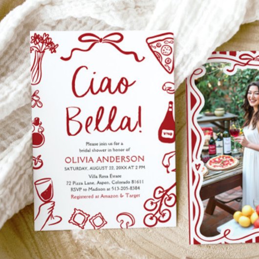 Ciao Bella Hand Drawn Italienisches Pizza Brautpar Einladung
