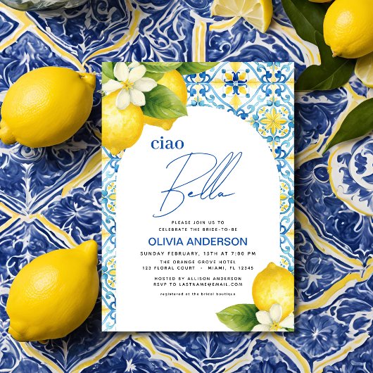 Ciao Bella Italian Lemon Blue Tile Brautparty Einladung
