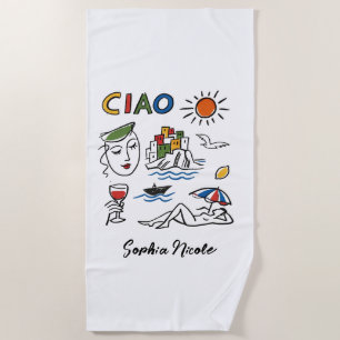 Ciao! Italienische Amalfi-Küste Handgezeichneter B Strandtuch