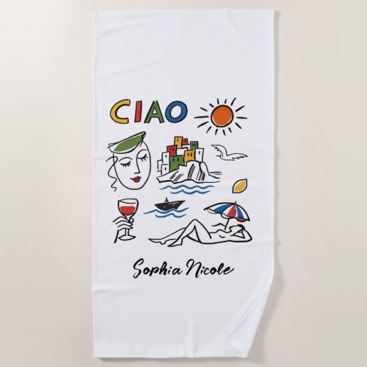 Ciao! Italienische Amalfi-Küste Handgezeichneter B Strandtuch (Vorderseite)