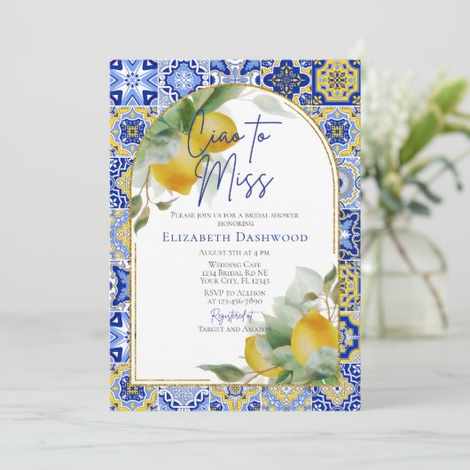 Ciao to Miss Blue Tile Lemon Brautparty Einladung (Stehend Vorderseite)
