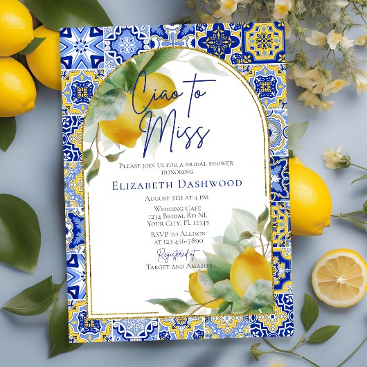 Ciao to Miss Blue Tile Lemon Brautparty Einladung