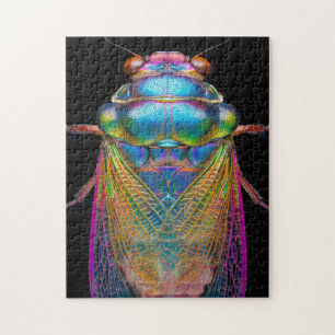 Cicada in leuchtenden Farben auf schwarz Puzzle
