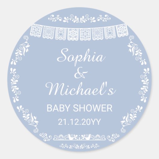 Cielito Lindo Blue Papel Picado Baby Shower Runder Aufkleber (Vorderseite)