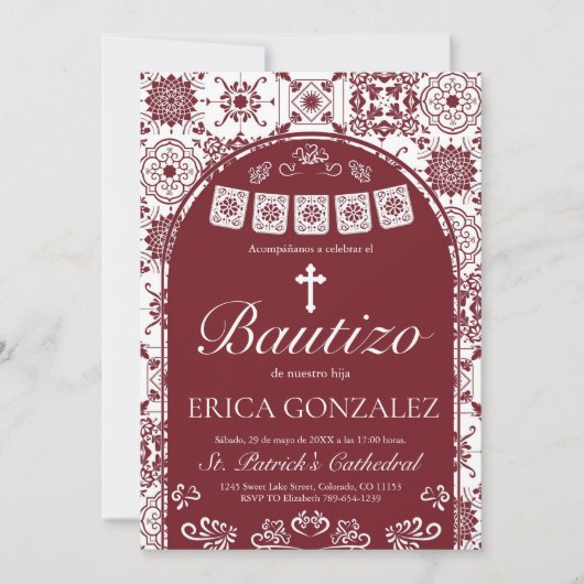 Cielito Lindo Burgundy Bautizo Talavera Einladung (Vorderseite)