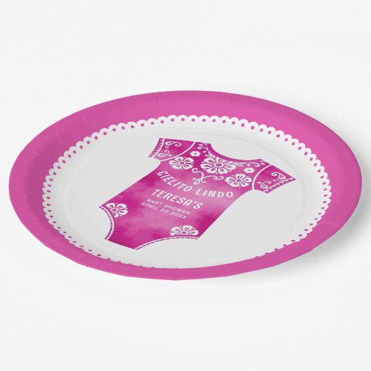 Cielito Lindo Pink Bodysuit Mädchendusche Pappteller (Schrägansicht)