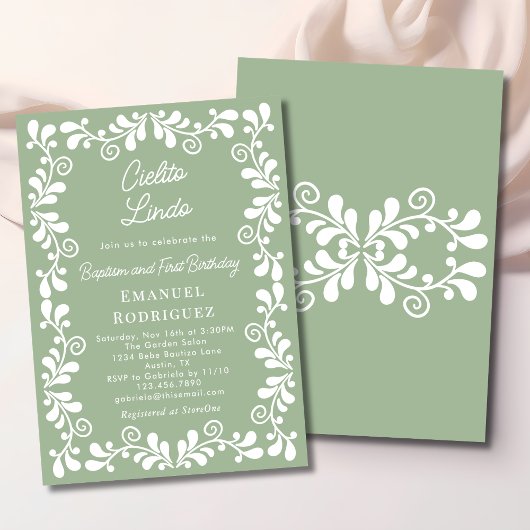 Cielito Lindo Sage Green Baptism & First Birthday Einladung