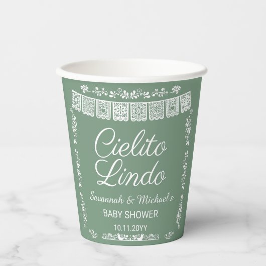 Cielito Lindo Sage Green Papel Picado Baby Shower  Pappbecher (Vorderseite)