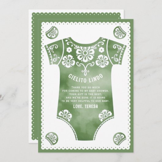 Cielito Lindo Salbei Grüne Bodysuit Babydusche Dankeskarte (Vorne/Hinten)