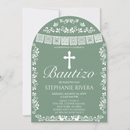 Cielito Lindo Salbei-Grüner Bautizo-Torbogen Einladung (Vorderseite)