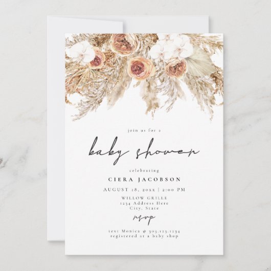 CIERA Boho Terracotta Floral Pampas Babydusche Einladung (Vorderseite)