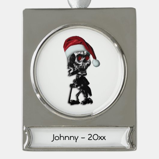 Cigar Rauchen Weihnachtsskelett Banner-Ornament Silber (Vorderseite)