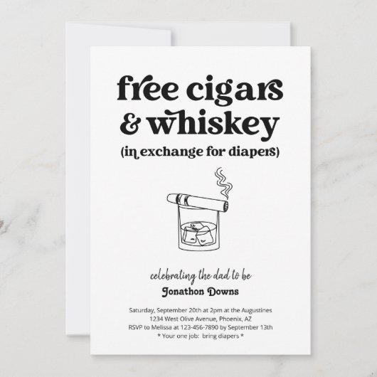 Cigar Whiskey Windeln Party Funny Men Vater Dusche Einladung (Vorderseite)