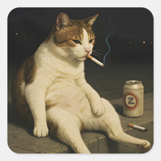 Cigarette Kitten Funny Smoking Cat Gen Z Meme Quadratischer Aufkleber (Vorderseite)