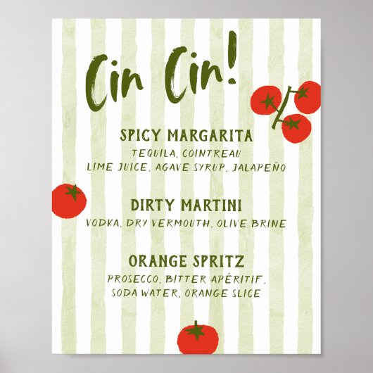 Cin Cin Tomato Brautparty Bar Menü Poster (Vorne)