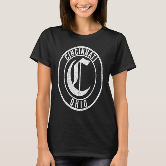 Cincinnati Ohio Circle Sign Distressed White Print T-Shirt (Vorderseite)