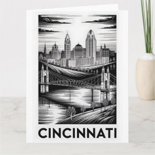 Cincinnati Ohio Skyline Schwarz Weiß Holzschnitt Karte