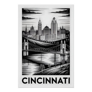 Cincinnati Ohio Skyline Schwarz Weiß Holzschnitt Poster
