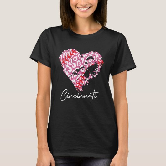 Cincinnati Pink Leopard Baseball Herz Baseball Fis T-Shirt (Vorderseite)