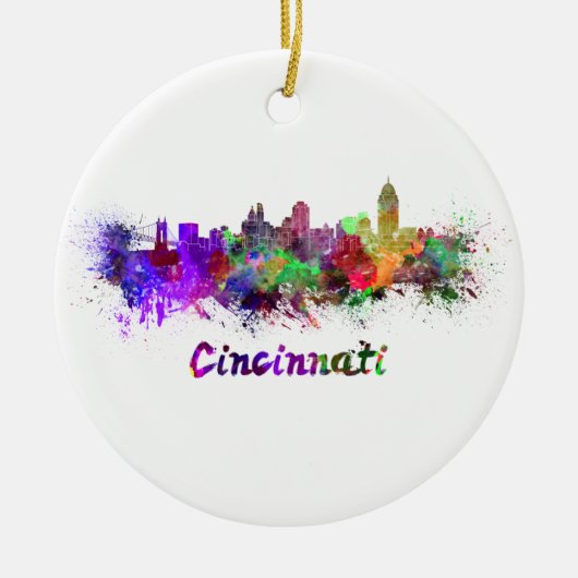 Cincinnati-Skyline in Aquarellfarbe Keramik Ornament (Vorne)