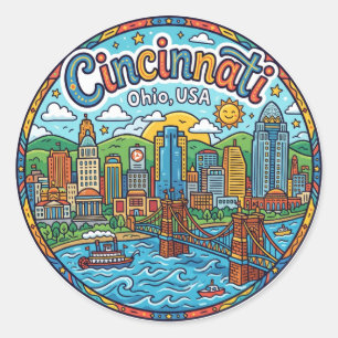 Cincinnati Skyline, Ohio, USA Ohio Runder Aufkleber