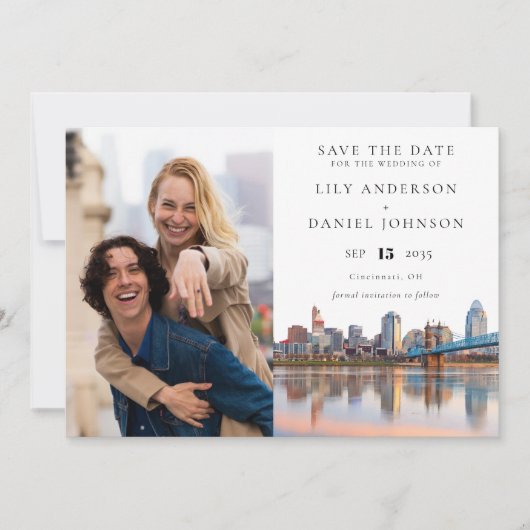Cincinnati Skyline Watercolor Photo Wedding Save The Date (Vorderseite)