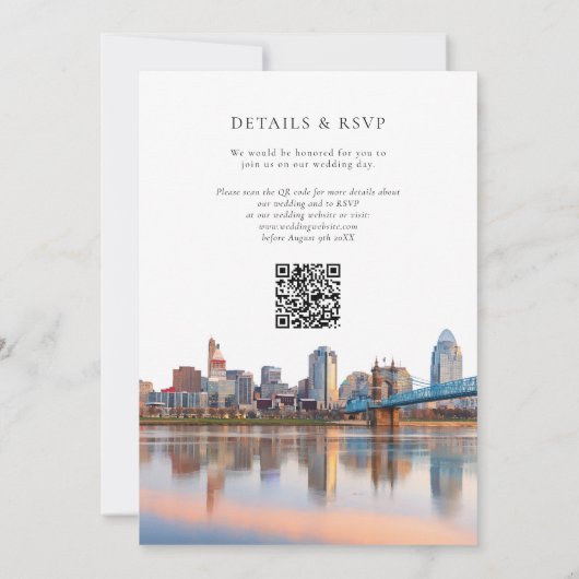 Cincinnati Skyline Watercolor QR Code Wedding Einladung (Rückseite)