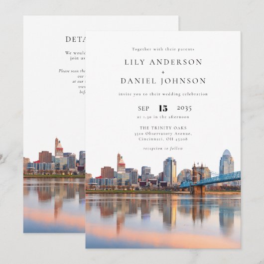 Cincinnati Skyline Watercolor QR Code Wedding Einladung (Vorne/Hinten)