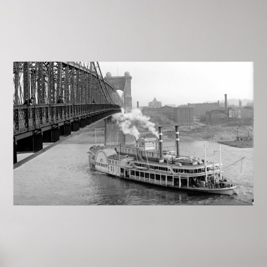 Cincinnati Suspension Bridge und Steamboat 1906 BW Poster (Vorne)