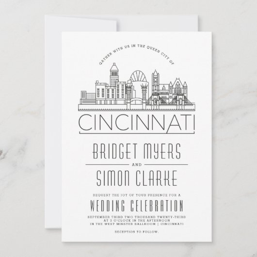 Cincinnati Wedding Stylized Skyline Einladung (Vorderseite)