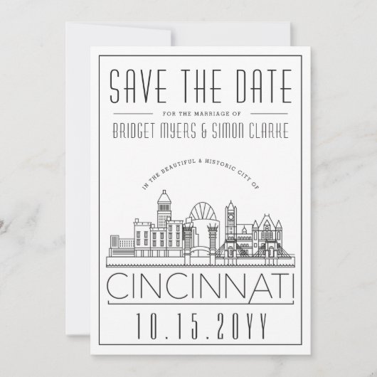 Cincinnati Wedding Stylized Skyline Save the Date Einladung (Vorderseite)