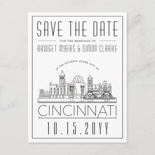 Cincinnati Wedding Stylized Skyline Save the Date Postkarte (Vorderseite)