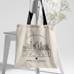 Cincinnati Wedding Stylized | Skyline Tragetasche<br><div class="desc">A einzige wedding tote bag for a wedding taking place in the beautiful city of Cincinnati,  Ohio. This tote feys a stylized illustration of the city's unique skyline with its name underneath. This is followed by your wedding day information in a matching open lined style.</div>