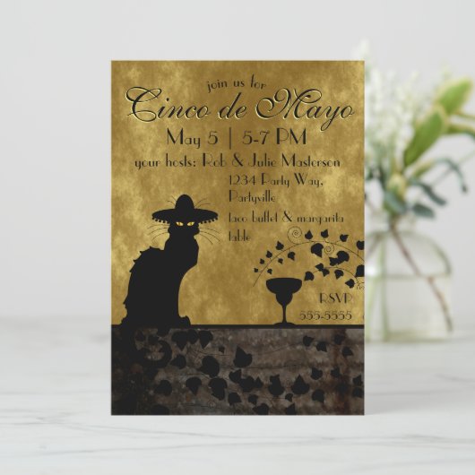 Cinco de Mayo Chat Noir / Gato Negro Einladung (Stehend Vorderseite)