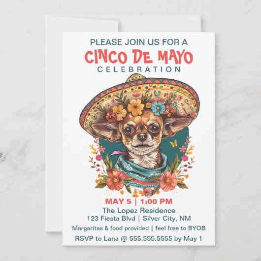 Cinco de Mayo Chihuahua Wearing Sombrero & Serape Einladung (Vorderseite)