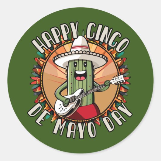 Cinco De Mayo Funny Mexican Cactus Playing Guitar Runder Aufkleber (Vorderseite)