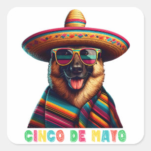 Cinco de Mayo German Shepherd with Poncho Sombrero Quadratischer Aufkleber