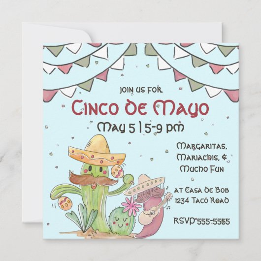Cinco de Mayo Singing Cactus und Pepper Mariachis Einladung (Vorderseite)