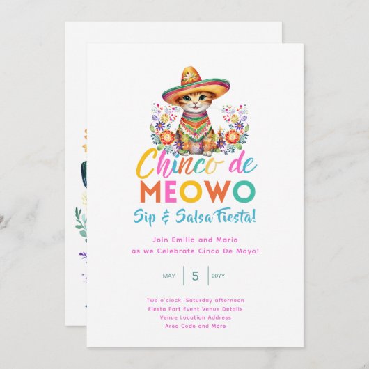 Cinco De Mayo Sip und Salsa Funny Cat FIESTA Einladung (Vorne/Hinten)