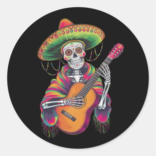 Cinco De Mayo Skeleton Skull Fiesta Guitar Runder Aufkleber (Vorderseite)