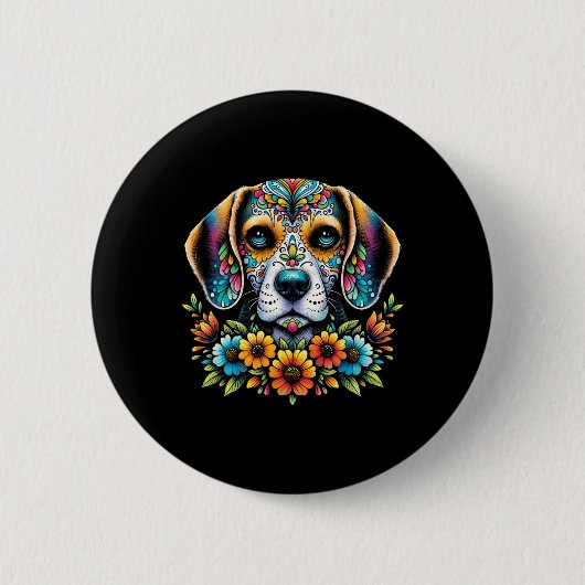 Cinco De Mayo Zucker-Schädel-Blume Beagle-Hund  Button (Vorderseite)