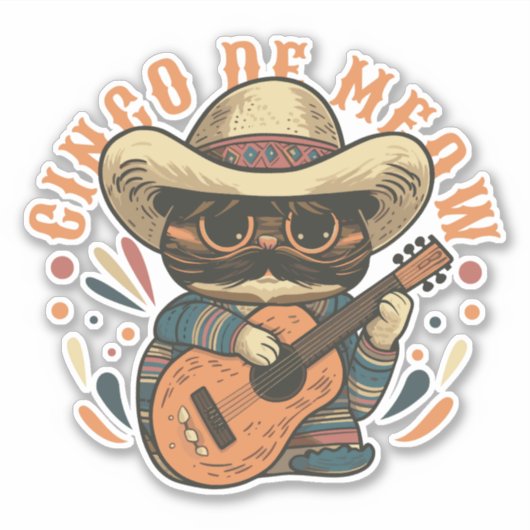 CINCO DE MEOW MEXICAN CAT MIT GUITAR AUFKLEBER (Vorderseite)