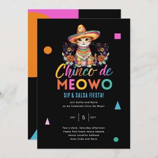 Cinco De Meowo Fun Cat Fiesta Party Time Einladung (Vorne/Hinten)