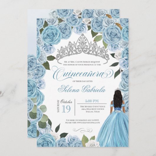 Cinderella Ball Blue Rose Princess V2 Quinceanera Einladung (Vorne/Hinten)