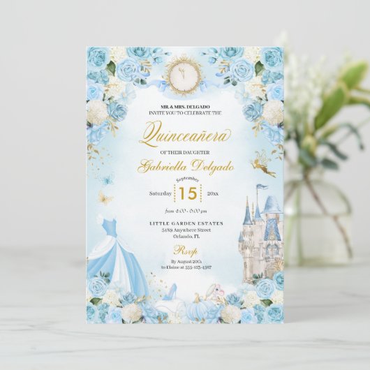 Cinderella Blue Fairytale Princess Quinceanera Einladung (Stehend Vorderseite)