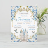 Cinderella Blue Gold Princess Castle Quinceanera Einladung (Stehend Vorderseite)