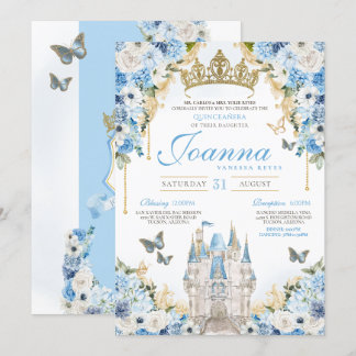 Cinderella Blue Gold Princess Castle Quinceanera Einladung
