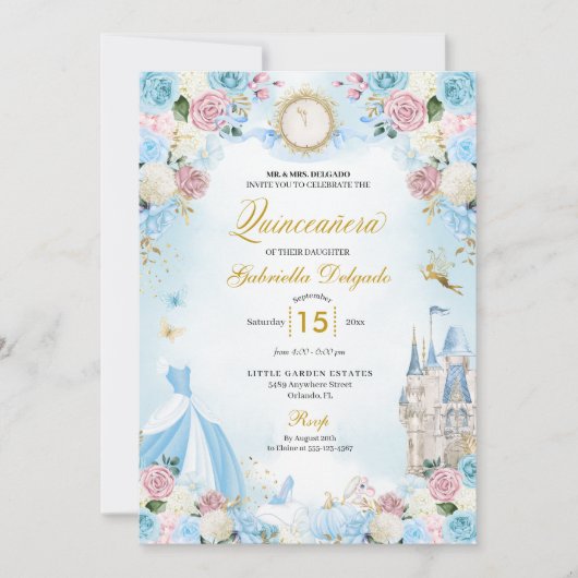 Cinderella Blue & Pink Fairytale Quinceanera Einladung (Vorderseite)