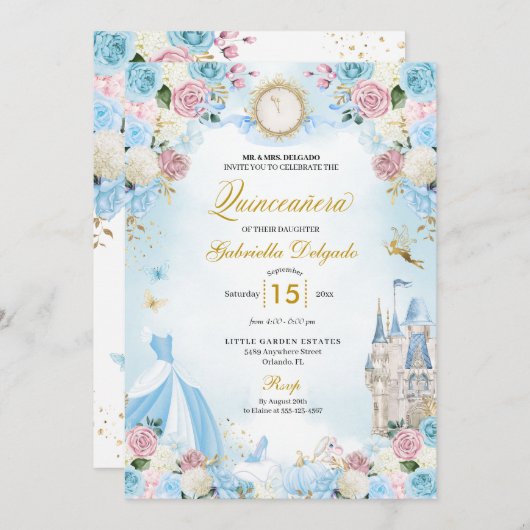 Cinderella Blue & Pink Fairytale Quinceanera Einladung (Vorne/Hinten)