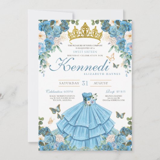 Cinderella Blue Rose Butterfly Prinzessin Sweet 16 Einladung (Vorderseite)